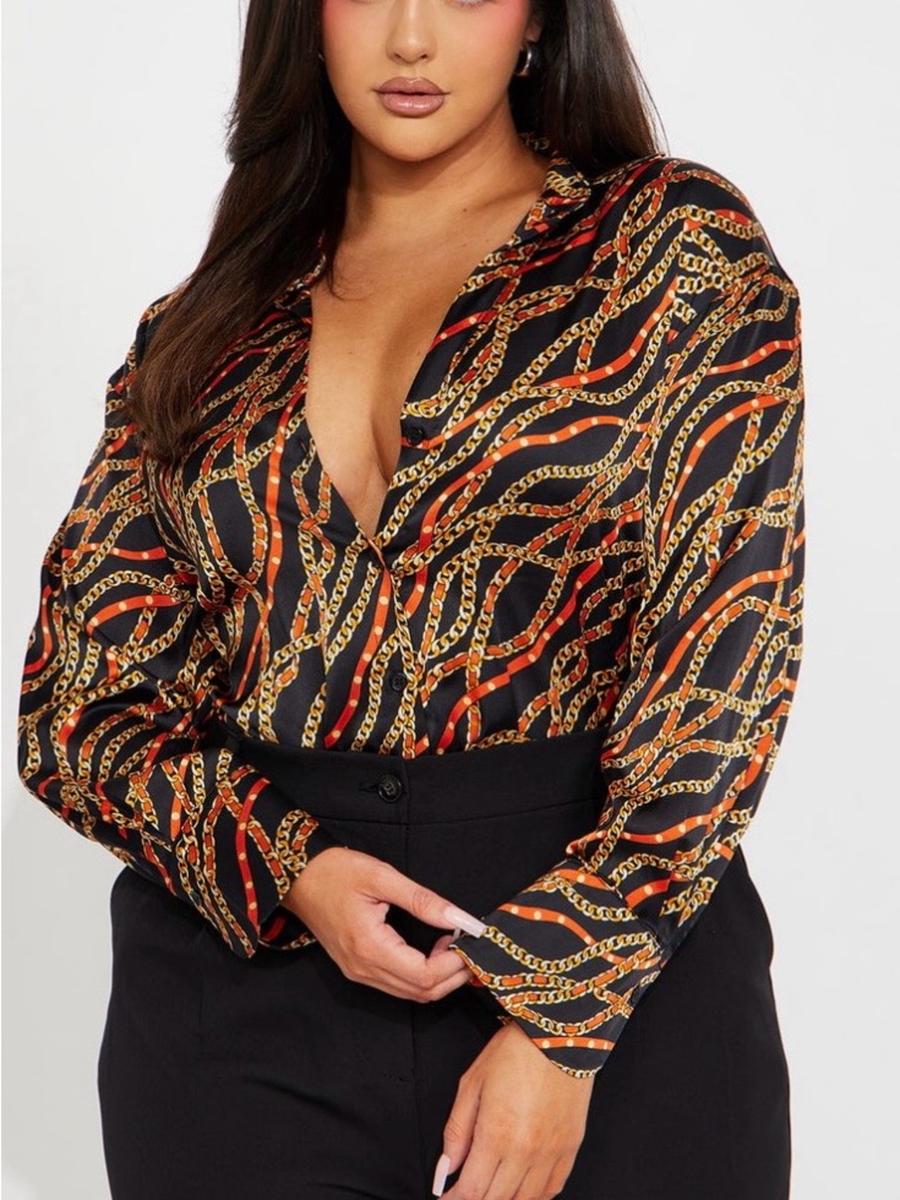 Fashion Nova Black Satin Chain-Print Button Down Shirt